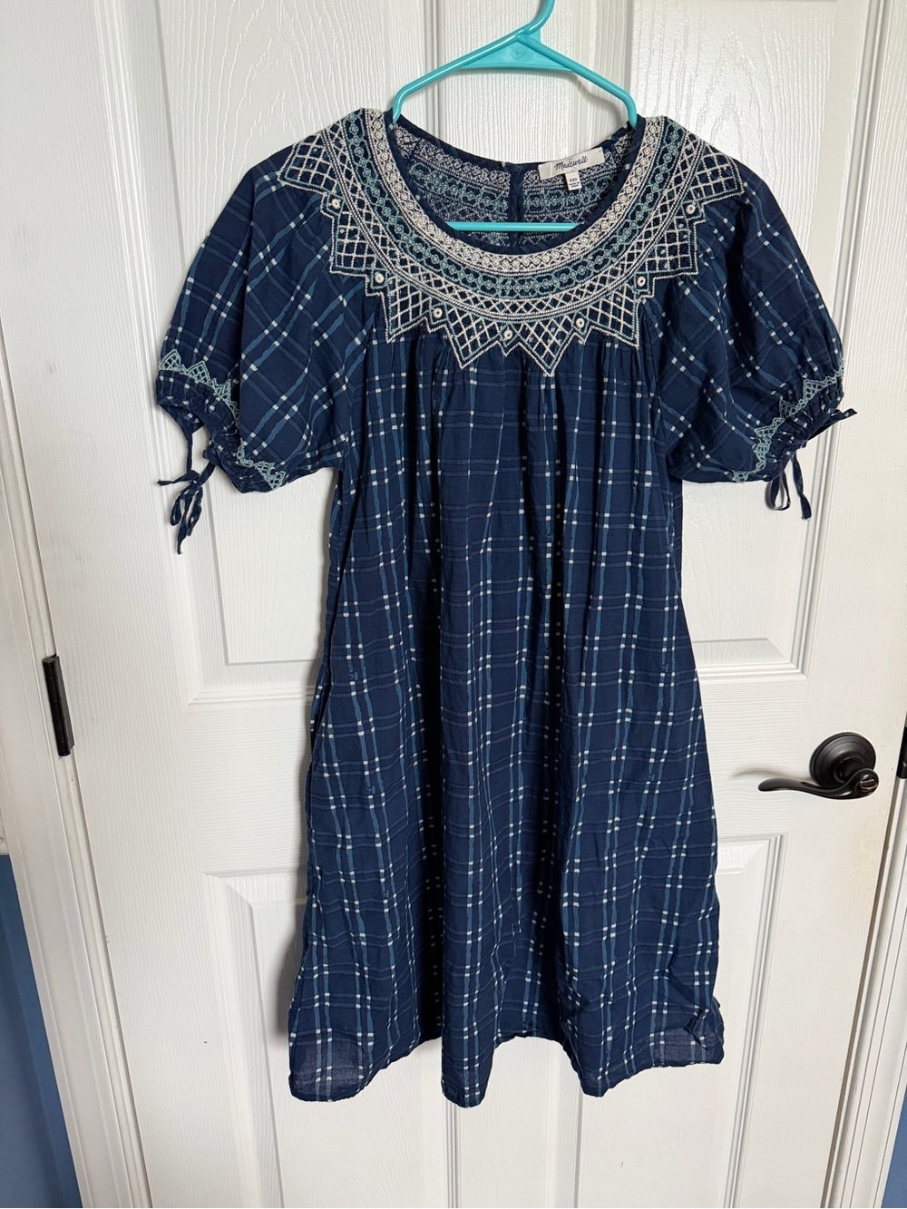 Madewell Embroidered Puff-Sleeve Babydoll Dress in Indigo Plaid XXS - Picture 3 of 5